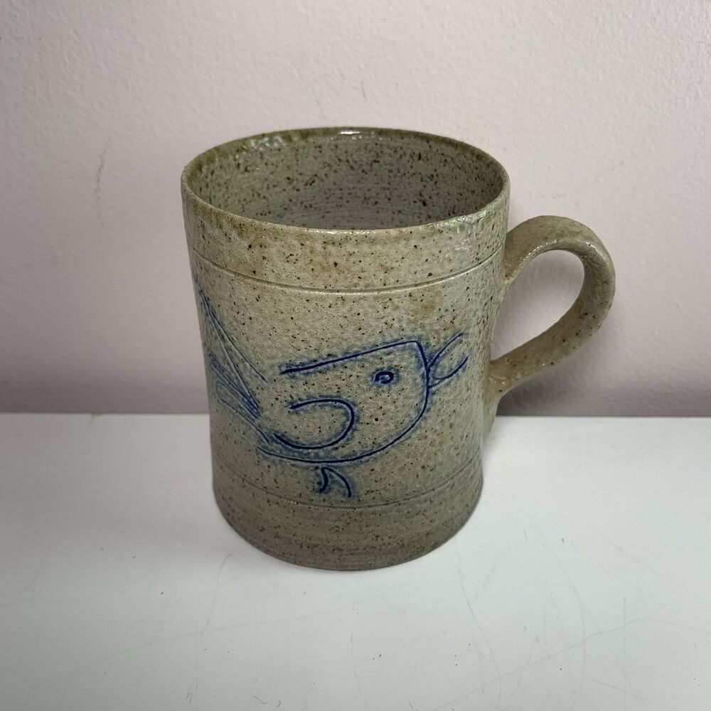Pottery Coffee Mug Speckled Folk Art Blue Bird Decorative Primitive Signed